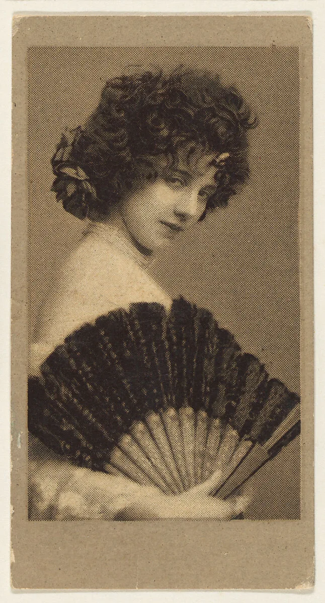 Portrait of a woman holding a fan, from the "Girls" series (T66), issued with Hunter Dog Cigarros by S. Monday & Sons — S. Monday & Sons, Brooklyn, New York