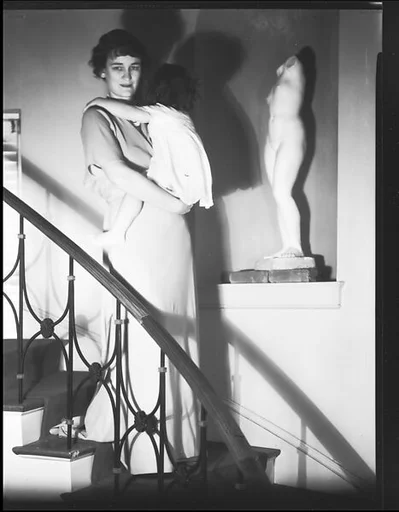 [Jane and Jill Fuller on Stairwell, Bedford, New York]