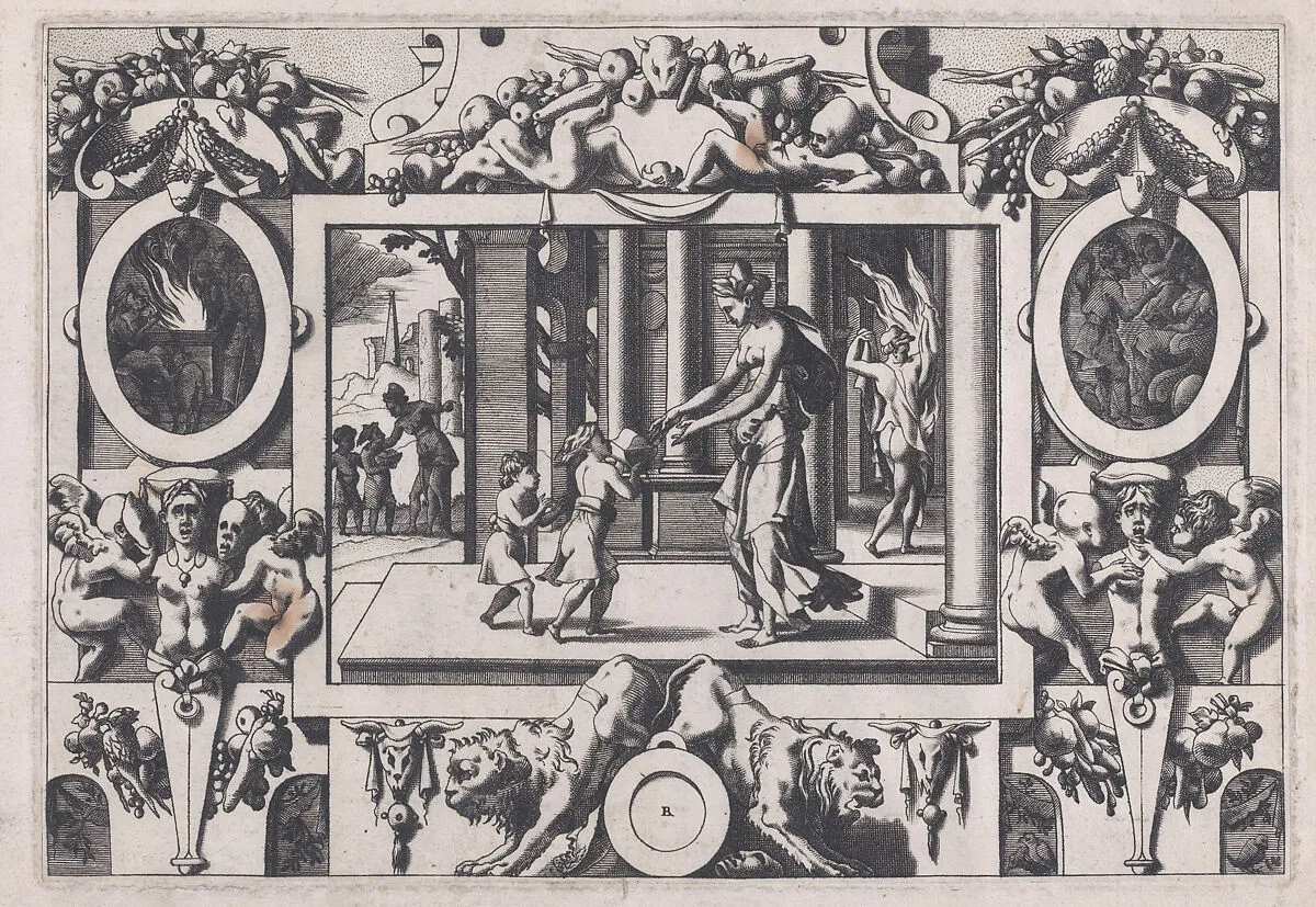 The Children of Medea and Jason Give Creusa the Fatal Present (Par ses deux fils à l'épouse nouvelle envoyé en don la couronne mortelle...), from "Jason and the Golden Fleece" — René Boyvin|Leonard Thiry