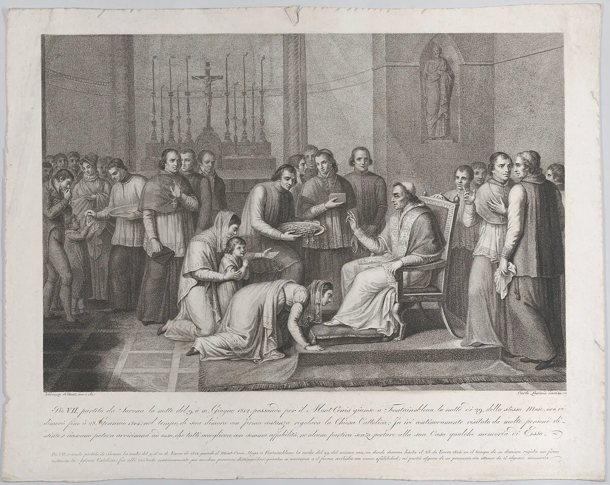 A woman kneels to kiss the foot of Pope Pius VII, with a crowd behind her at left — Carlo Lasinio|Pope Pius VII|Vincenzo de Bonis