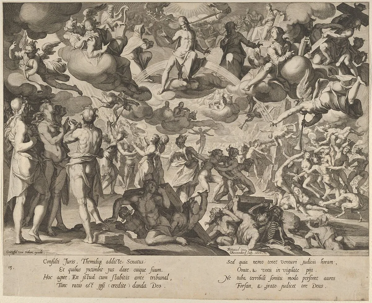 The Last Judgment, from Thronus Justitiae, tredecim pulcherrimus tabulis..., plate 13 — Joachim Wtewael|Willem van Swanenburg|Christoffel van Sichem I