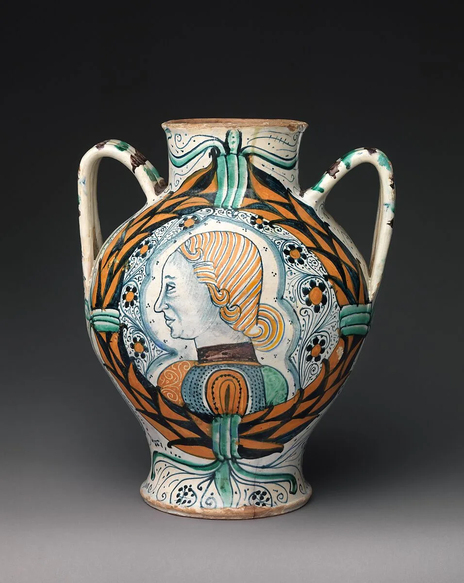 Two-handled pharmacy or storage jar with arms of the Orsini family and profile head of a man — Unknown