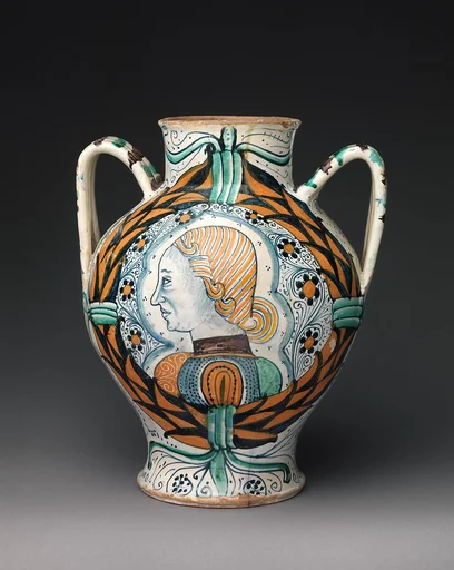 Two-handled pharmacy or storage jar with arms of the Orsini family and profile head of a man