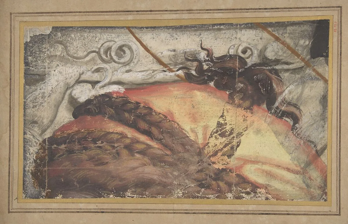 Tapestry Cartoon Fragment: The Top of Woman's Head with Hair Braided over a Cloth Headdress — Raphael (Raffaello Sanzio or Santi)