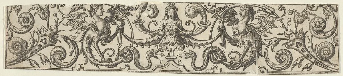 Frieze with Half-Length Female Figure Holding Two Horns at Center — Theodor de Bry