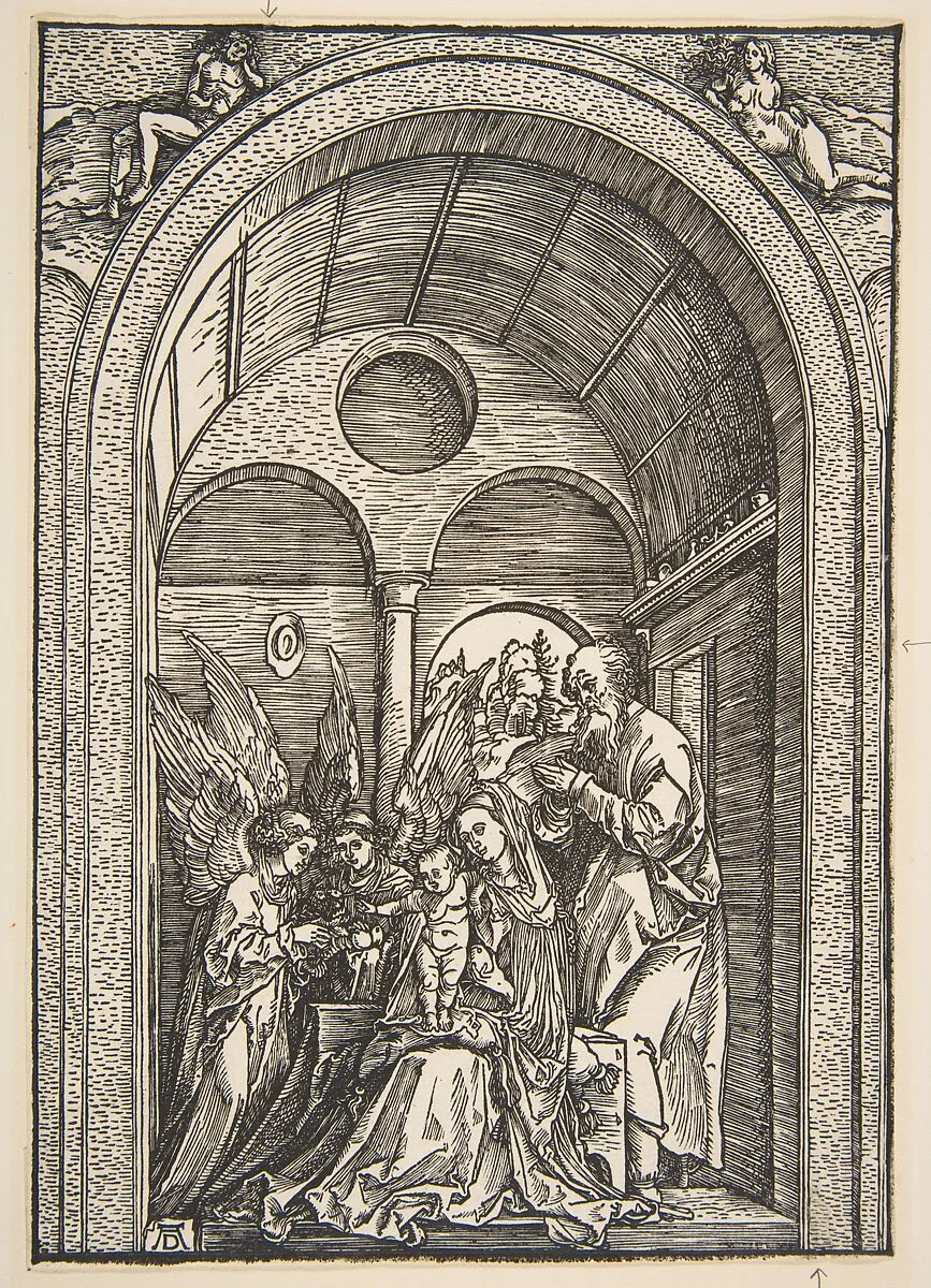 The Holy Family with Two Angels in a Vaulted Hall — Albrecht Dürer