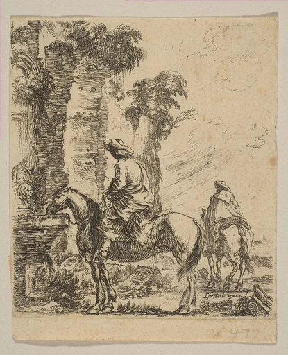 Plate 19: Landscape with a Cavalier Watering His Horse at a Fountain, from "Various figures and doodles" (Diverses figures et griffonnemens)