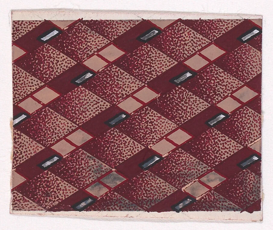 Textile Design with Alternating Horizontal Seamless Strips of Lozenges and Stripes Decorated with Lozenges and Small Decorative Motifs that Resemble a Baguette-Cut Diamond — Anonymous, Alsatian, 19th century