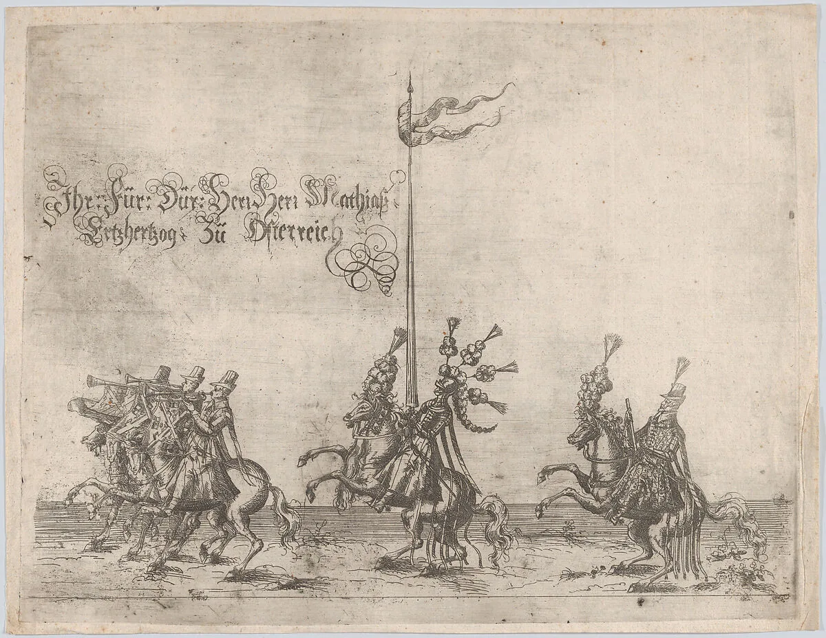 Procession, with men riding horses; three men playing trumpets at front, a knight at center, and a gentleman at the rear — Anonymous, German, 16th century