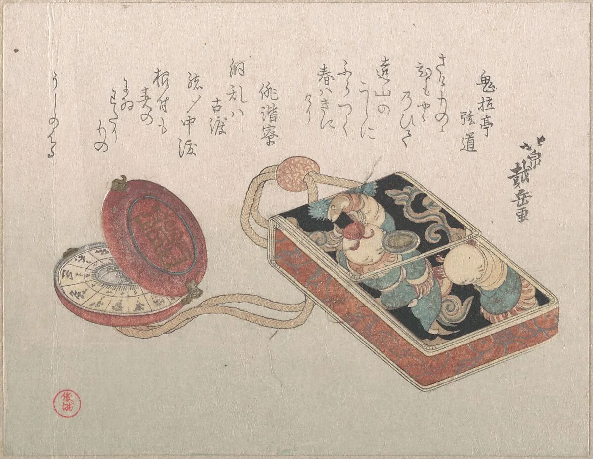 胴乱印籠と懐中時計根付『春雨集』 摺物帖|Dōran (Square Leather Box Used as an Inrō) with a Watch as a NetsukeFrom the Spring Rain Collection (Harusame shū), vol. 3 — Hokusen Taigaku