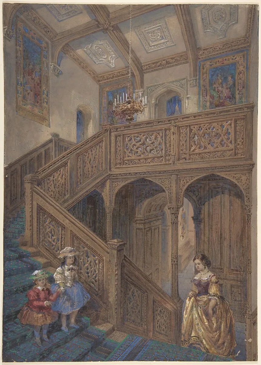Design for a Jacobean-style Staircase (recto); Architectural Element Design (verso) — Matthew Digby Wyatt