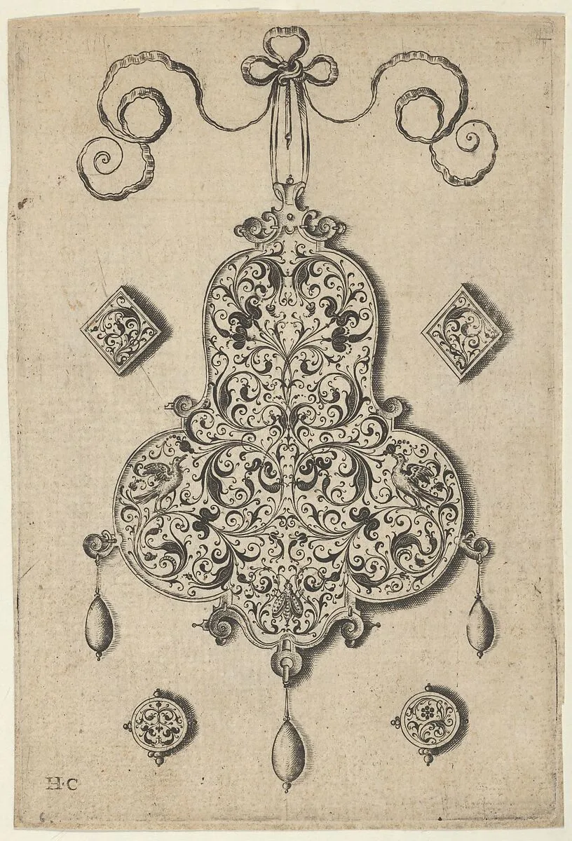 Design for the Verso of a Pear-Shaped Pendant Flanked by Lozenge Ornaments and Circular Ornaments Below — Jan Collaert I|Hans Liefrinck