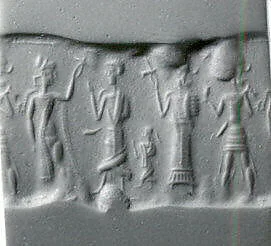 Cylinder seal and modern impression: partially nude and robed goddesses raising ankh symbols over a king; weather god — Unknown