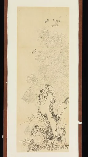 現代 謝稚柳 菊石蛺蝶圖 鏡片|Chrysanthemums, Butterflies, and Rocks