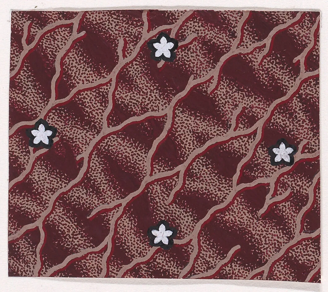 Textile Design with Interlacing Branches and Alternating Rows of Rosettes over a Background with an Interlaced Pattern — Anonymous, Alsatian, 19th century