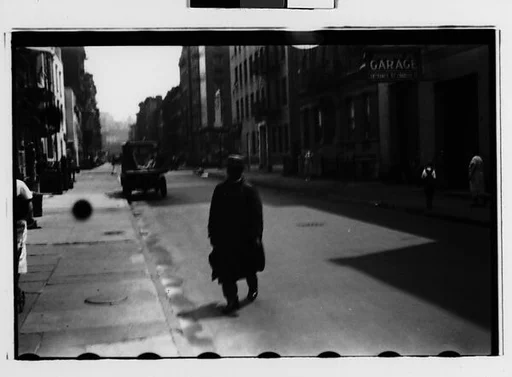 [Two 35mm Film Frames: Man Crossing Street, Possibly Abdingdon Square, and Vendor, Greenwich Village, New York City]