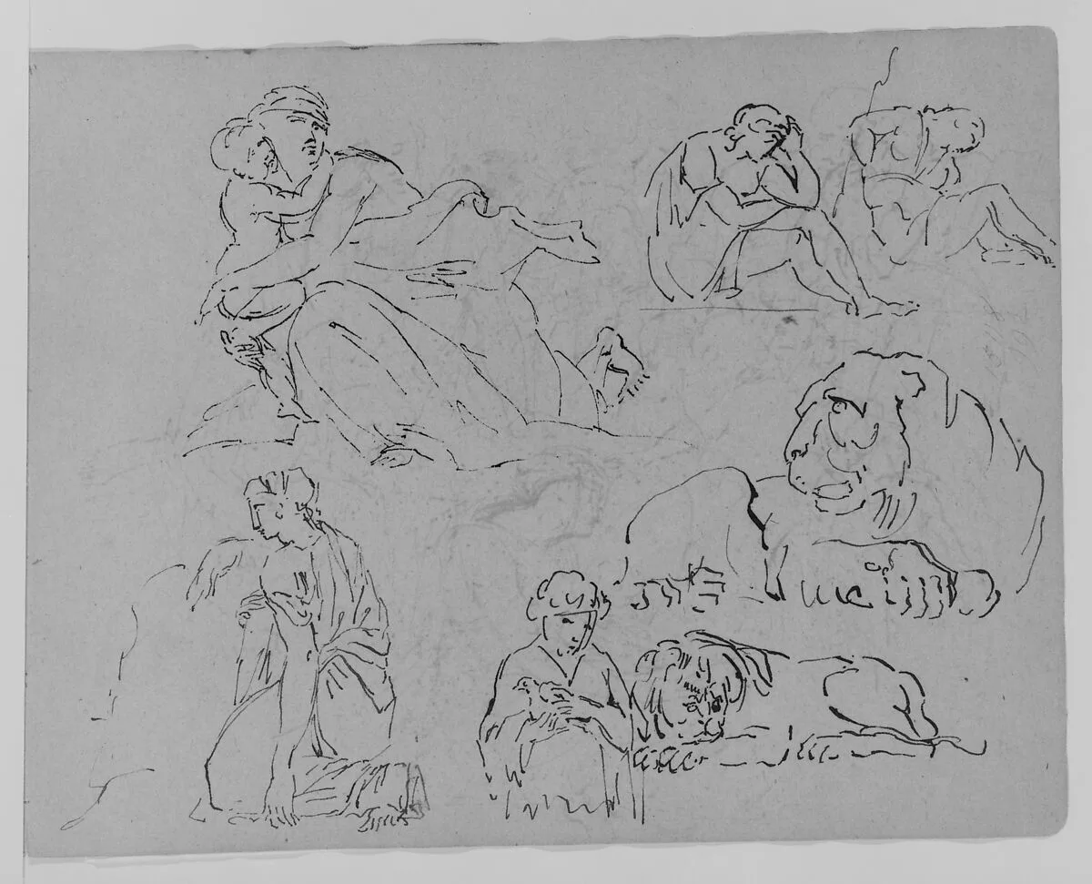 Five Figure Studies; Two Studies of Lions (from Sketchbook) — Thomas Sully