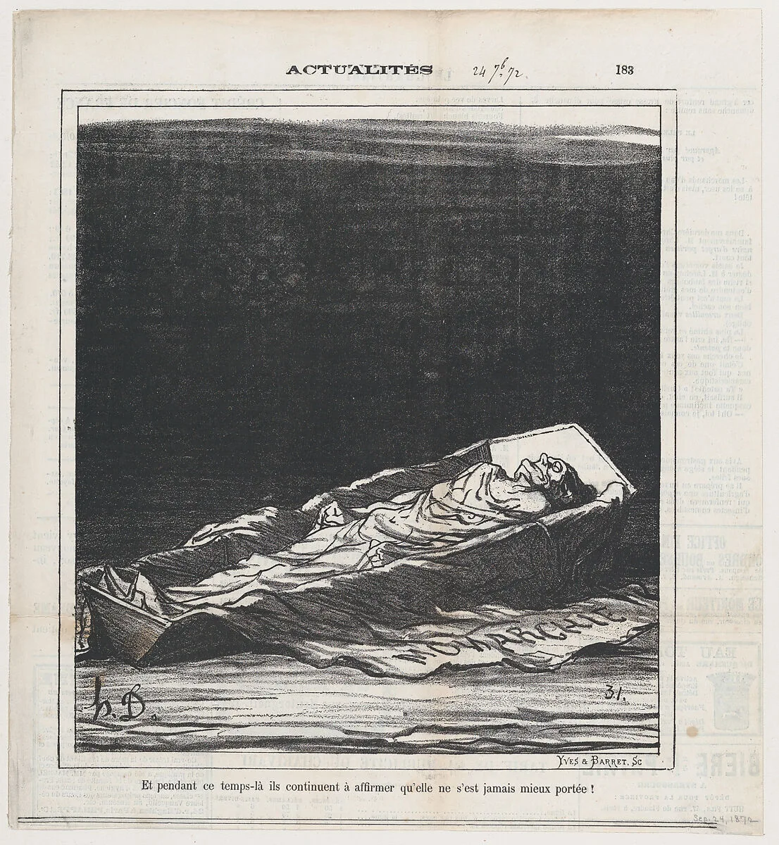 Meanwhile they keep on insisting that she has never been better!, from 'News of the day,' published in Le Charivari, September 24, 1872 — Honoré Daumier