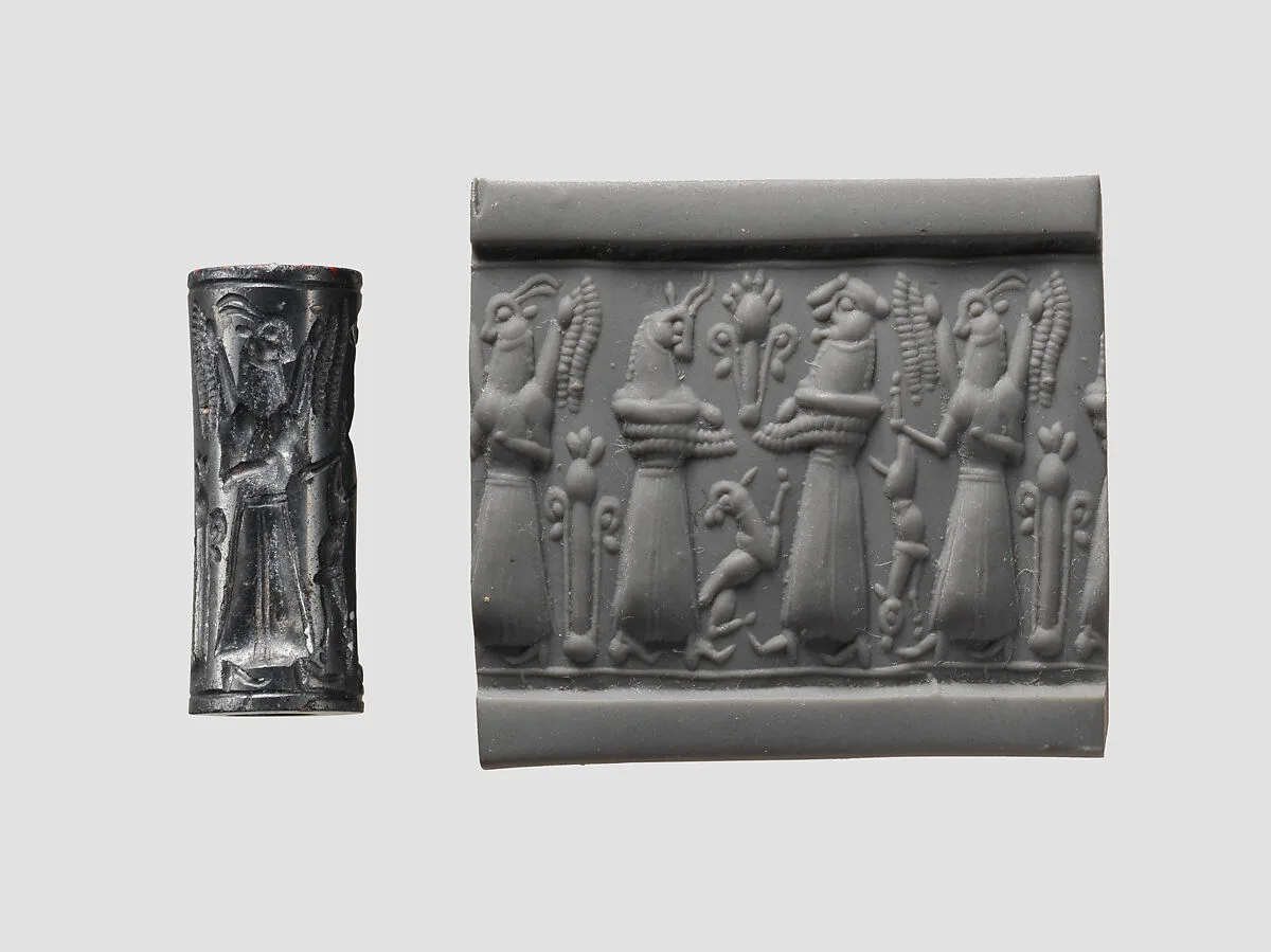 Cylinder seal and modern impression: animal-headed divinities with prey — Unknown