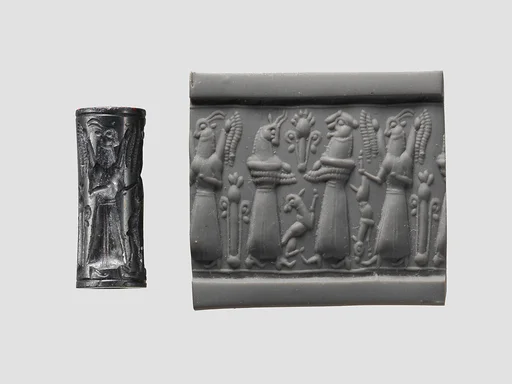 Cylinder seal and modern impression: animal-headed divinities with prey