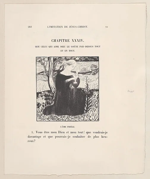 Page 268, woman holding a goblet in a landscape (recto); prospectus (verso), proofs from 'L'Imitation de Jésus Christ' — Ambroise Vollard|Maurice Denis