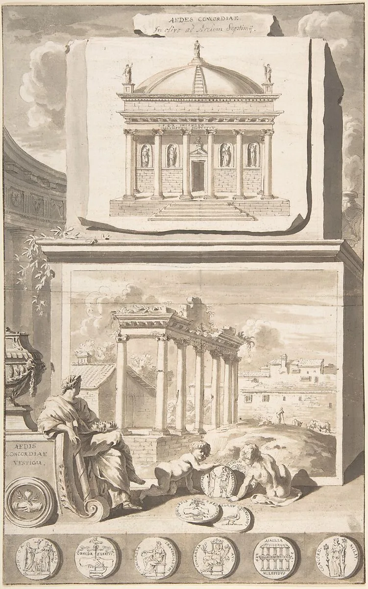A Reconstruction of the Aedes Concordiae (above) and a View of the Ruins (below) — Jan Goeree