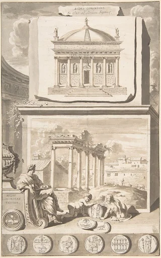 A Reconstruction of the Aedes Concordiae (above) and a View of the Ruins (below)