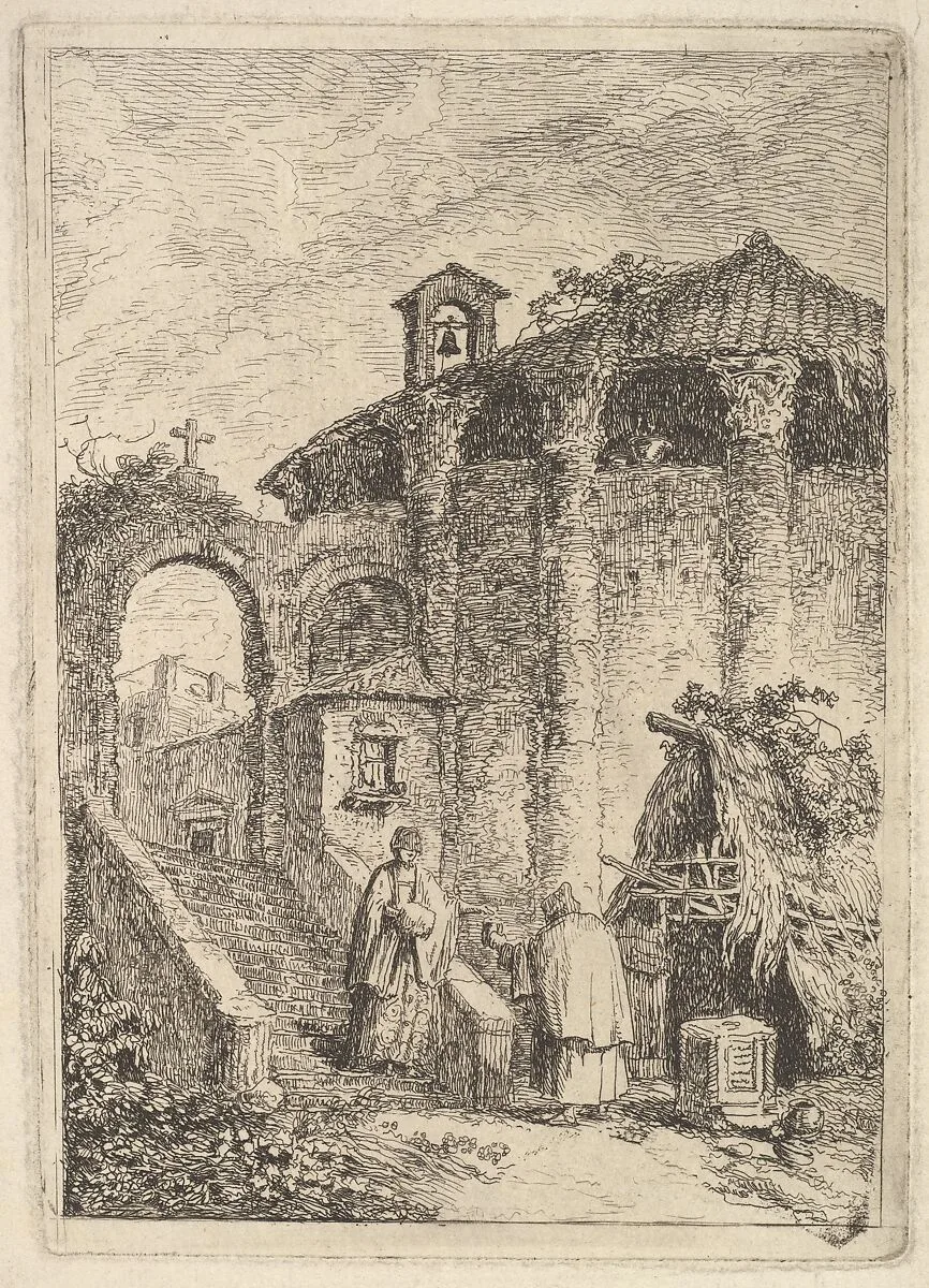 Plate 5: The Ancient Temple: a woman descending a staircase at left and giving alms to a beggar, a rotunda at right, from "Les soirées de Rome" — Hubert Robert