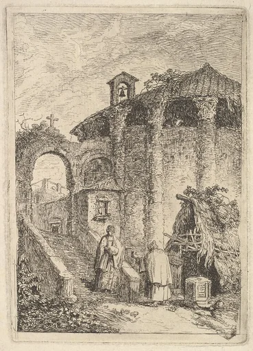 Plate 5: The Ancient Temple: a woman descending a staircase at left and giving alms to a beggar, a rotunda at right, from "Les soirées de Rome"