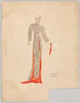 Drawing for a woman's theatrical costume with beige, kimono-inspired coat, orange-red gown, and jeweled accessories with coral (?) details — Vincente Minnelli