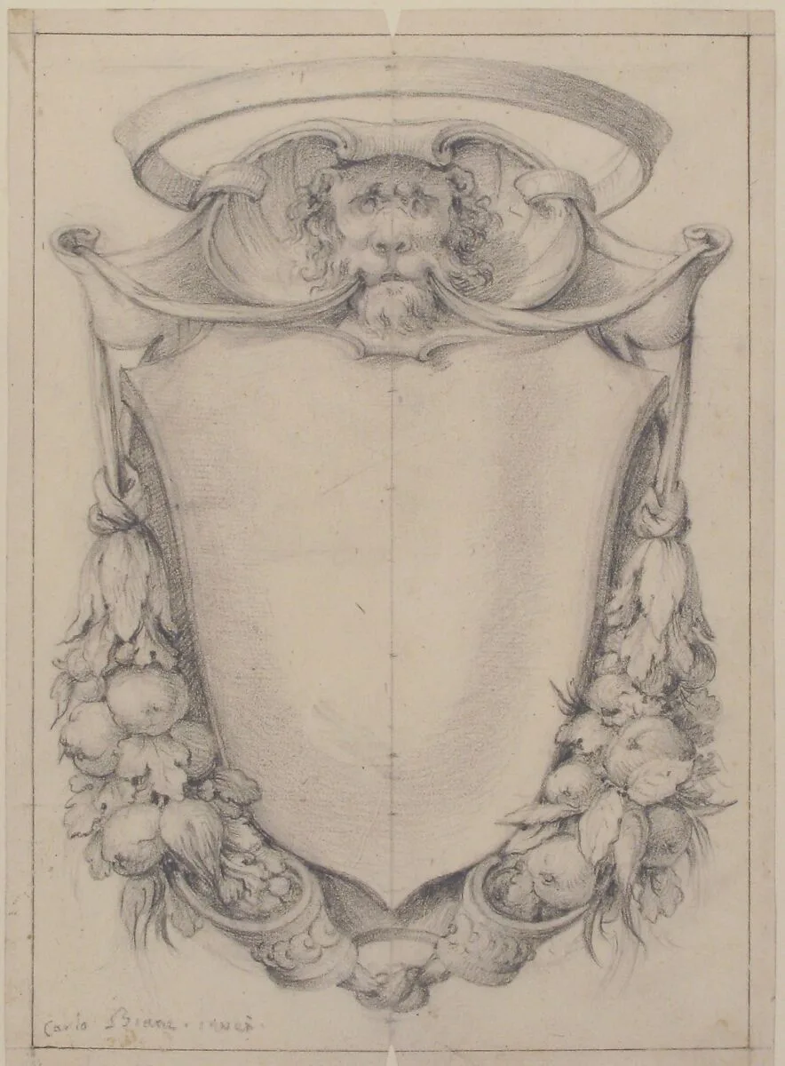 Design for a Cartouche Surmounted by a Lion's Head in Scrollwork Suspending Swags of Fruit and Leaves — Carlo Bianconi
