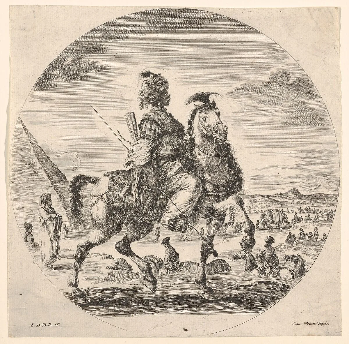 Moorish horseman in profile facing right, in the background a pyramid at left, many figures and an elephant, from 'Figures on Horseback' (Cavaliers nègres, polonais et hongrois) — Stefano della Bella