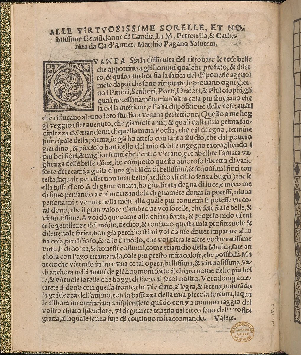Ornamento delle belle & virtuose donne, title page (verso) — Matteo Pagano|Lloyd, Wallis & Lloyd