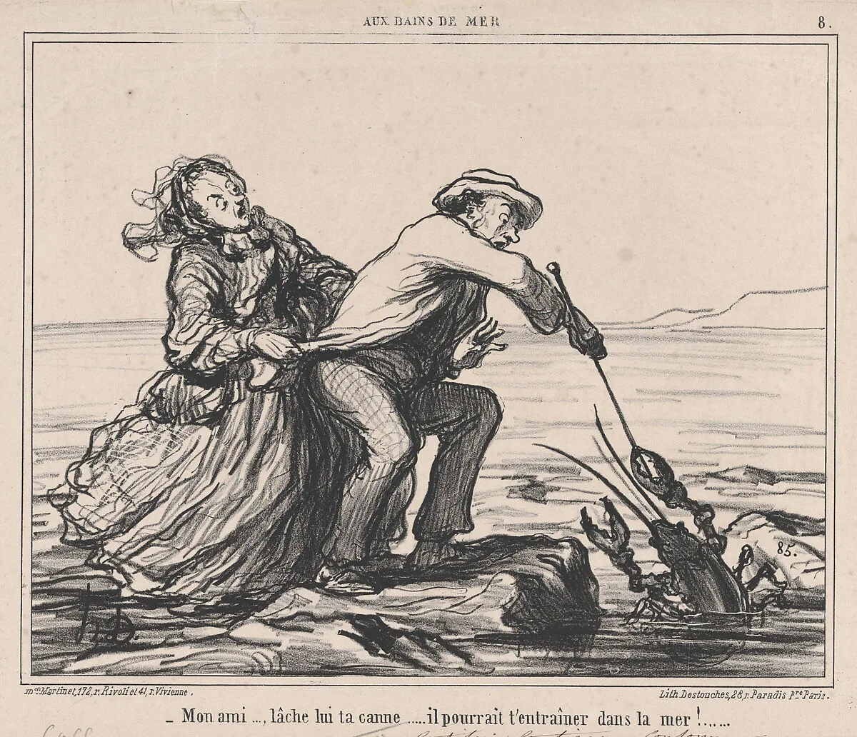 Mon ami..., lâche lui ta canne.... from Aux Bains de Mer, published in Le Charivari, September 28, 1859 — Honoré Daumier|Aaron Martinet|Destouches