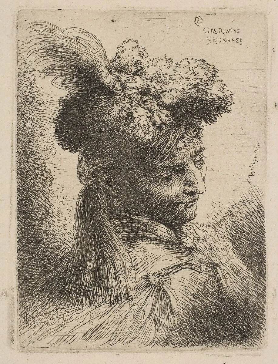 Young man facing three quarters right wearing a fur headdress with a plume, jewel and a headband, from "Small Heads in Oriental Headdress" — Giovanni Benedetto Castiglione (Il Grechetto)