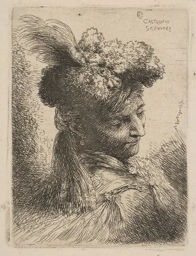 Young man facing three quarters right wearing a fur headdress with a plume, jewel and a headband, from "Small Heads in Oriental Headdress"