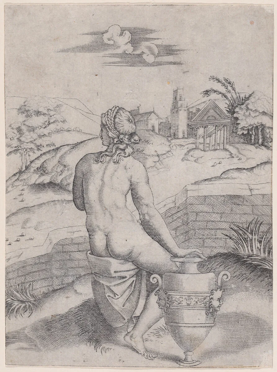 Woman Seated near a Vase — Agostino Veneziano (Agostino dei Musi)|Giulio Romano