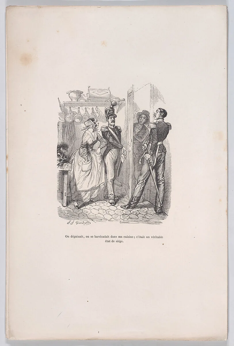 "We drew and barricaded ourselves in my kitchen; it truly a state of seige." from the Little Miseries of Human Life — Paul-Emile-Daurand Forgues|Henri Fournier|J. J. Grandville|Auguste Barbant