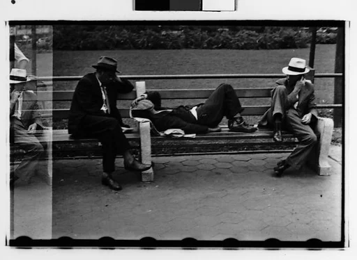 [Two 35mm Film Frames: Men on Park Benches, Union Square, New York City]