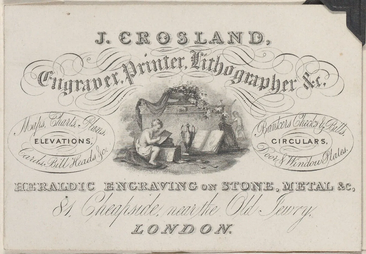 Trade Card for J. Crosland, Engraver, Printer, and Lithographer — Anonymous, British, 19th century