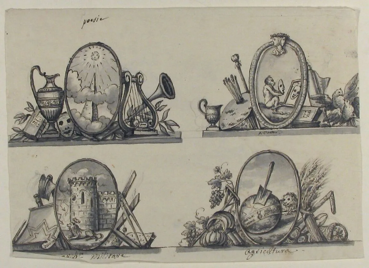 Four Designs for Emblems (recto); Sketch of Three Putti (verso) — Anonymous, French, 18th century