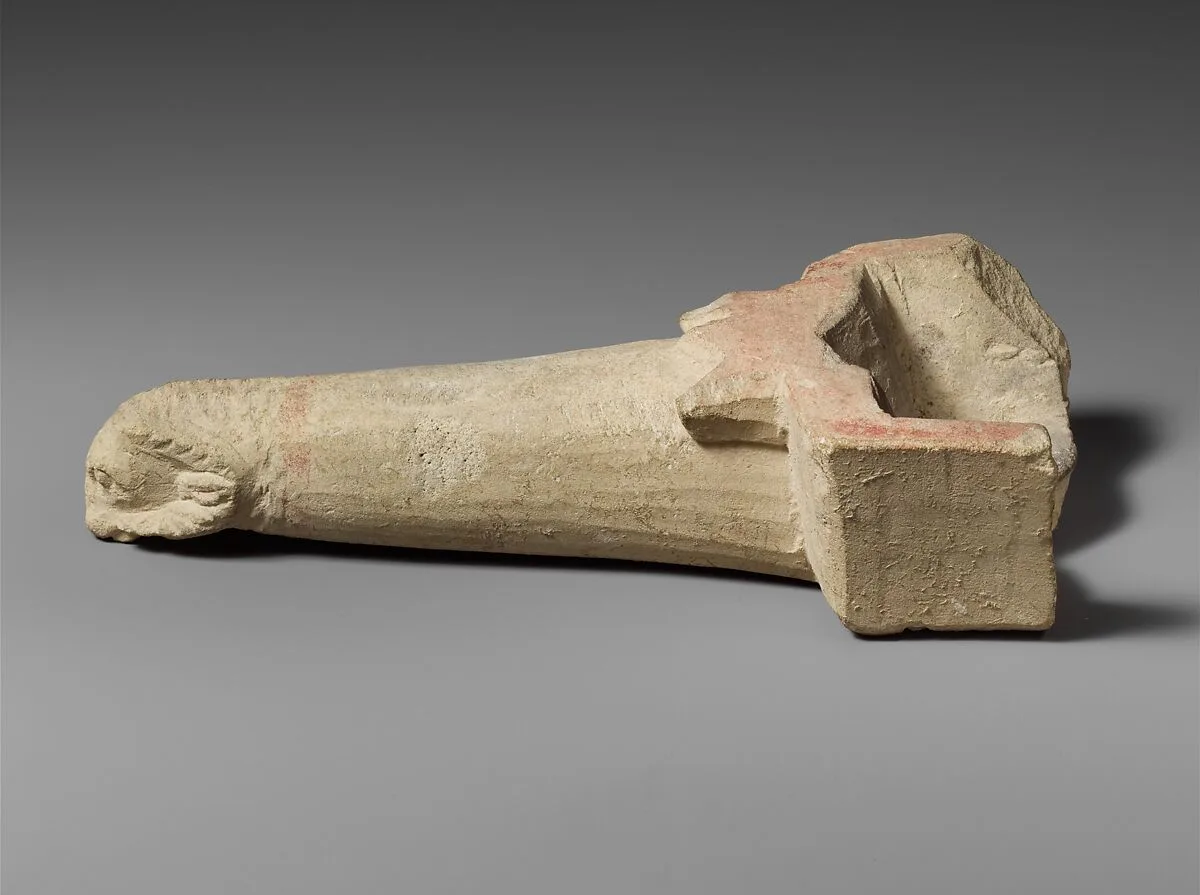 Limestone handle of a patera or a fire shovel ending in a ram’s head — Unknown