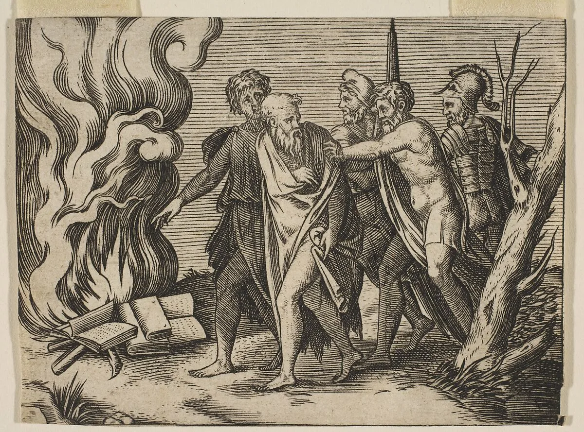 A group of men at right pushing philosophers toward a fire with burning books at the left — Marco Dente