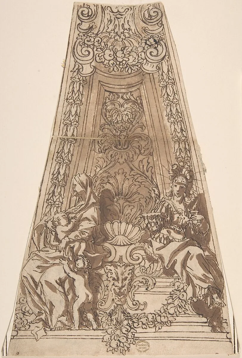 Design for a Dome Compartment with Figures of Charity and Fortitude? — Anonymous, Italian, Roman-Bolognese, 17th century