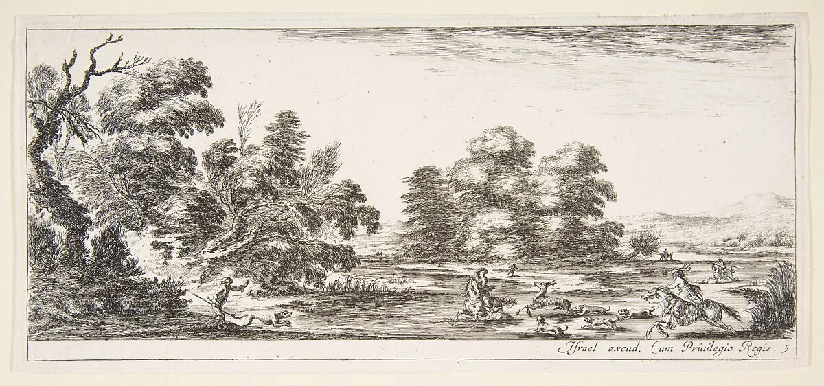 Plate 5: two horsemen in a stream to right, riding towards the left, following four dogs chasing a stag, another dog running into the water from the left, from 'Various landscapes' (Divers paysages) — Stefano della Bella|Israël Henriet|Louis de Bourbon duc d'Anguien