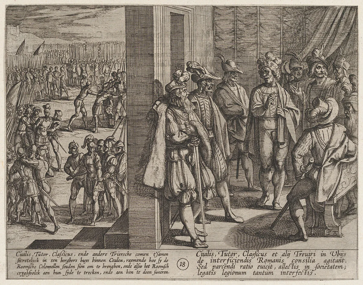Plate 18: Secret Meeting of Civilis with Other Leaders from Trier, from The War of the Romans Against the Batavians (Romanorvm et Batavorvm societas) — Antonio Tempesta|Otto van Veen
