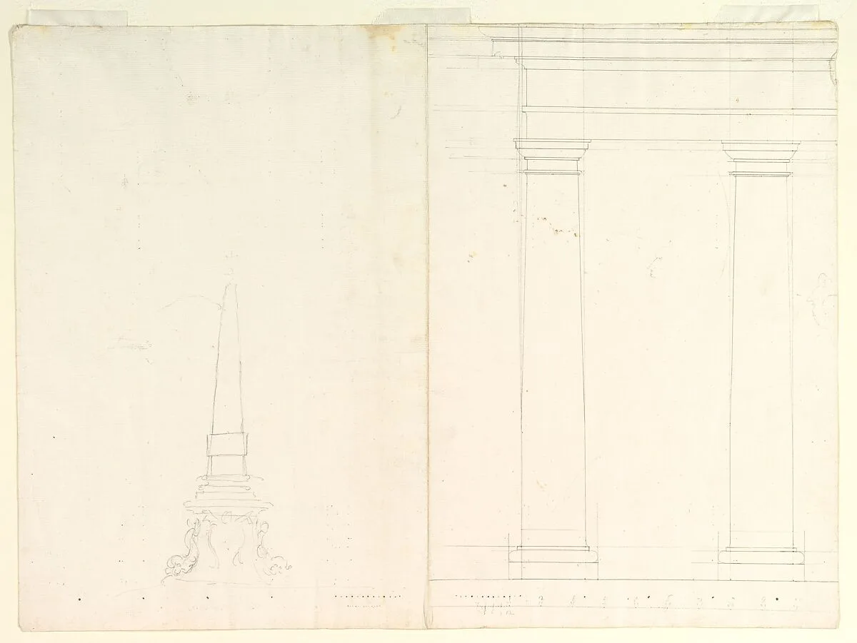 Design for an Obelisk; Partial Design in Elevation for Colonnade in the Doric or Tuscan Order (recto); Design for Fluted Column on Podium in Elevation (verso) — Anonymous, Italian, Piedmontese, 18th century