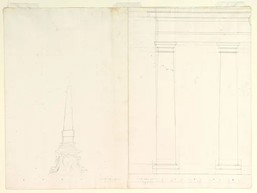 Design for an Obelisk; Partial Design in Elevation for Colonnade in the Doric or Tuscan Order (recto); Design for Fluted Column on Podium in Elevation (verso)