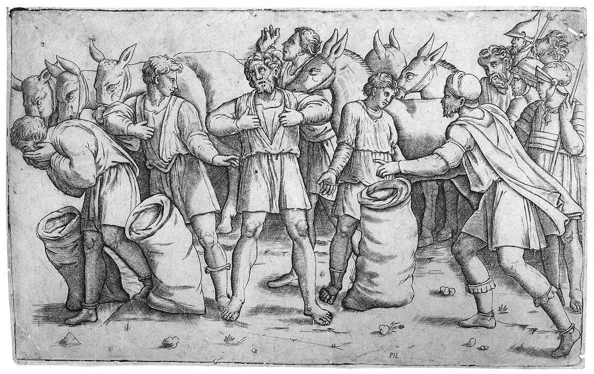 Joseph's cup found in Benjamin's sack from the biblical story of Joseph (Genesis 44); a scene with soldiers, mules and various figures — Giovanni Antonio da Brescia|Baldassare Tommaso Peruzzi