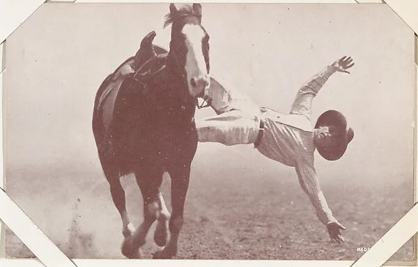 Cowboy falling off side of bucking bronco from Indians and Western Historical Scenes series (W417) — Unknown